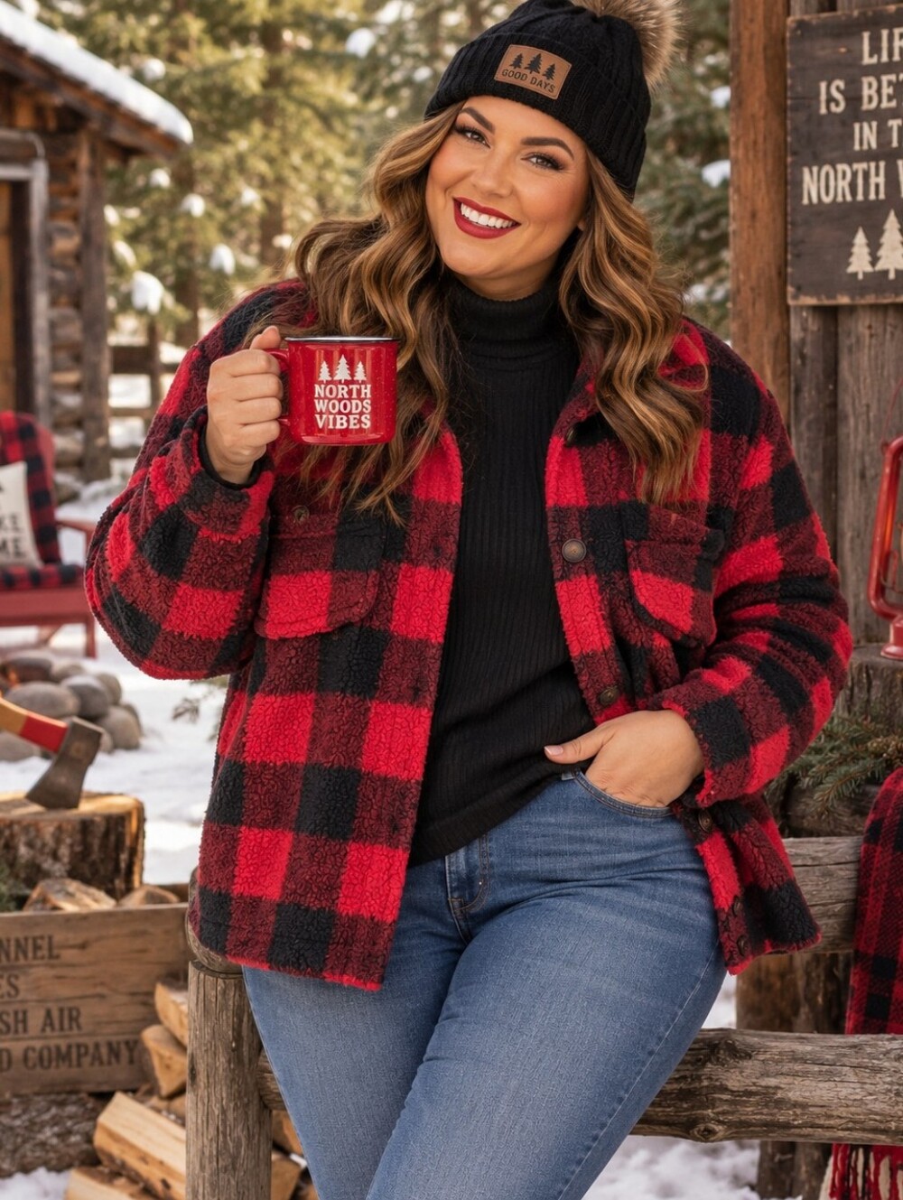 True Craft Red Black Buffalo Plaid Sherpa Jacket NWT Plus Size, 1X or 2X